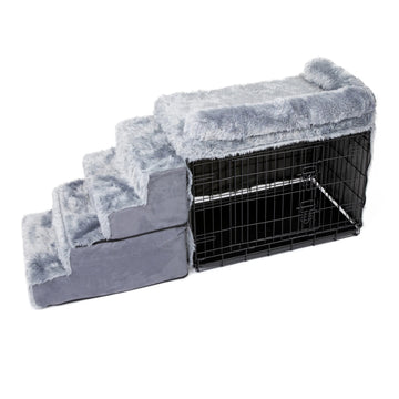 sideview image of the dog bedside sleeper with a balck steel crate