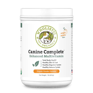 A bottle of canine complete new organic pumpkin flavor