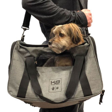 a man carrying his dig inside a grey sling bag