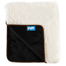 A polar white waterproof dog blanket almost folded in half showing a logo of paw.com in black background 