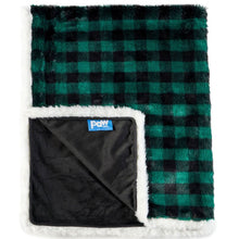 A black and green checkered pattern waterproof dog blanket almost folded in half showing the logo of paw.com in black background 