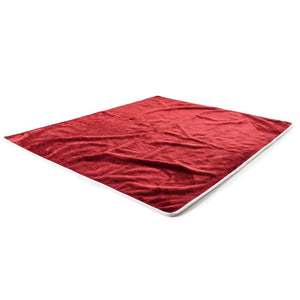A full view of a red velvet waterproof dog blanket 