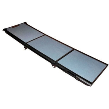 A full view image of a trifold dog ramp in grey color