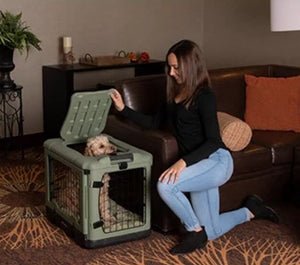 a woamn kneeling on the floor holding the top cover of a sage colored steel dog crate open with her dog inside next to a leather couch in a modern living room with book shelf and a flower pot at the back