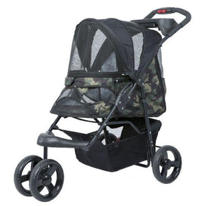 A durable green camo colored dog stroller and a black organizer at the bottom