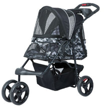 A durable black camo colored dog stroller and a black organizer at the bottom