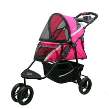 a pink colored dog stroller facing left with black organizer at the bottom