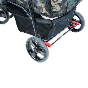 a close up image of the back wheels of a green camo colored dog stroller and a break lock in red
