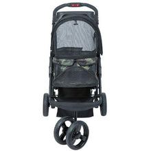 front image of a green camo colored dog stroller