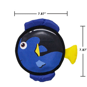 a blue fist squeaky dog toy with its dimensions