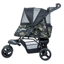 a side view image of a green camo  colored dog stroller facing left