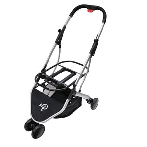 an image of a dog stroller with steel frames and black organizer