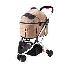 a full view image of a champagne colored dog stroller with organizer at the bottom