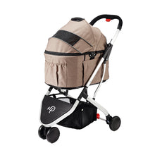 a full view image of a desert rose colored dog stroller with organizer at the bottom