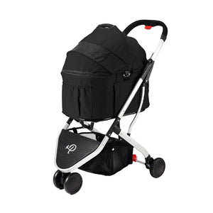 a full view image of a black colored dog stroller with organizer at the bottom