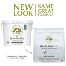 Image of the Canine Complete in old tub packaging and the new bag packaging