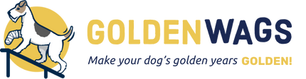 Golden Wags Logo, happy dog with tail wagging and cast on front right foot walking up ramp. Motto written below, 