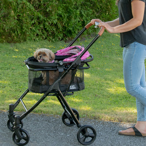 a woman walking her dog in a pink floral designed dog stroller in the park
