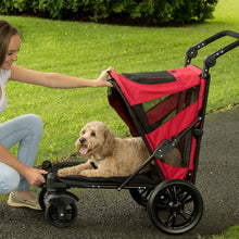a woman kneeling on the ground watching her dog sitting on a candy red dog stroller in the park