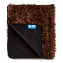 a folded brown dog blanket with balck non slip bottom with a blue tag of tag of paw.com