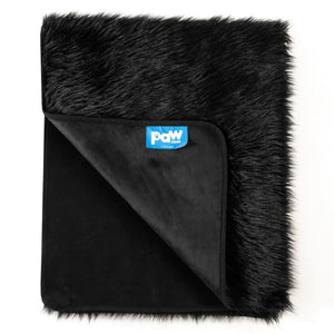 a folded image of a black furry dog blanket with black non slip bottom with a blue tag of paw.com