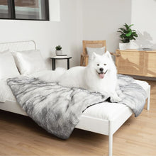 a samoyed laying on a white bed with white and grey fluffy dog blanket in a modern bedroom with bedside table and lamps next to straw chair and drawer