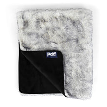 a folded image of a white and grey fluffy dog blanket with non slip bottom and a blue tag for paw.com