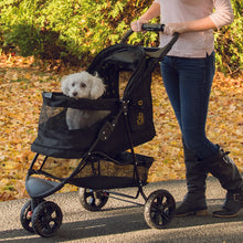 a woman walking her dog in a monogram colored dog stroller in the park
