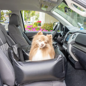 a cute fluffy pomeranian sitting on a tiny black leather car dog bed next to the driver seat and steering wheel of a car parked on the side street 