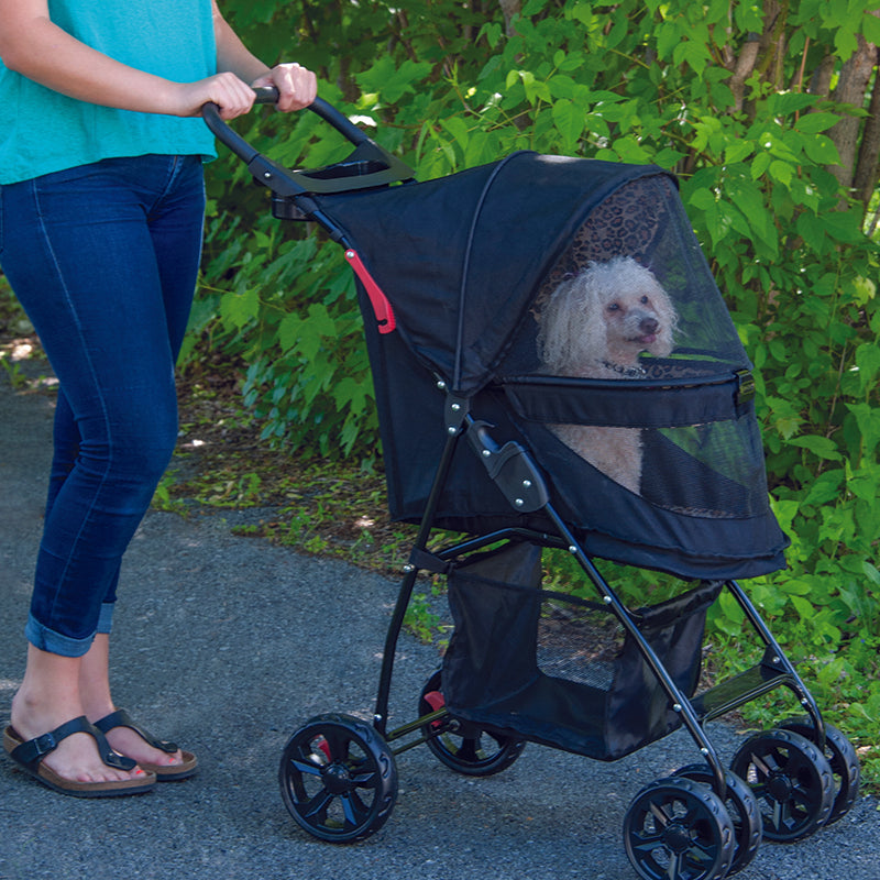 a woman walking her dog in the park in a black dog stroller with jaguar inseert