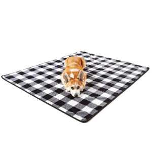 a corgi laying on a black and white checkered patterned dog blanket with white background