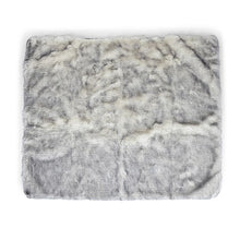 full laid out white and grey fluffy dog blanket with white background