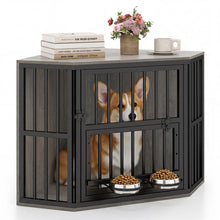 Wooden Dog Crate End Table with Adjustable Bowl Rack 35.5"