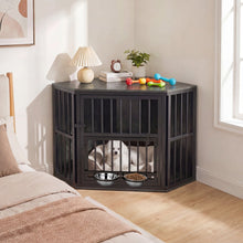 Wooden Dog Crate End Table with Adjustable Bowl Rack 35.5"