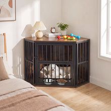 Wooden Dog Crate End Table with Adjustable Bowl Rack 35.5"