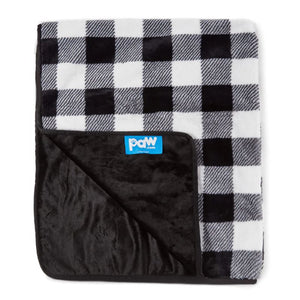 a folded black and white checkered patterned dog blanket with balck non slip bottom