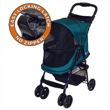 a close up image of a green stroller and a close up image of an easy locking latch in a pop up bubble