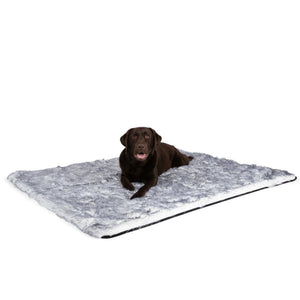 a labrador laying on a white and grey fluffy dog blanket with white background