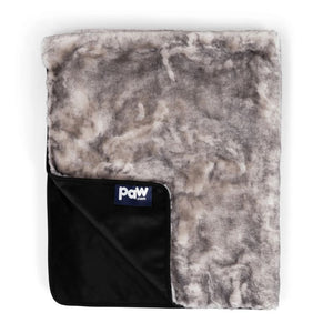 a folded white and grey dog blanket with non slip bottom and blue tag of paw.com
