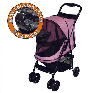 a close up image of a pink stroller and a close up image of an easy locking latch in a pop up bubble