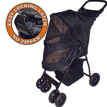 a full view image of a dog stroller with jaguar internal design and a close up image of an easy locking latch on a pop up bubble