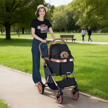 3-in-1 Foldable Pet Stroller with Sun Shade and Safety Belt for up to 55 lbs Small Medium Dogs -Black