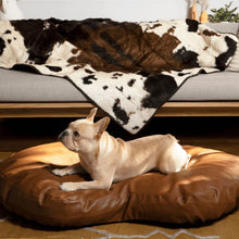 a french bulldog laying on a brown leather dog bed net to a wooden couch with a cow patterned dog blanket on it 