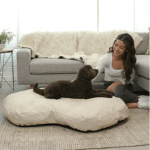 a woman sitting next to her dog laying on a cream colored dog bed next to a grey couch in an all white room setting 
