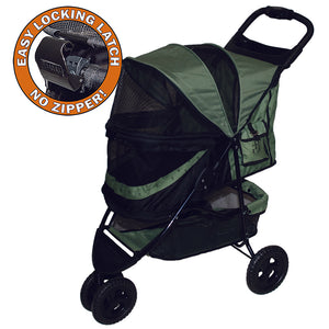 a close up view of a sage colored dog stroller and a close up image of an easy locking latch on a pop up bubble