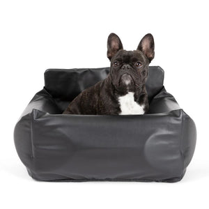 a black French bulldog sitting on a tiny black leather car dog bed with white background 