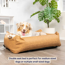 a cute dog laying on a brown car dog bed inside an all white room with book shelf and a pot of plant 