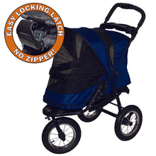a close up image of a blue dog stroller and a close up image of the easy locking latch