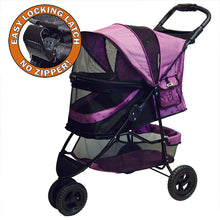 a close up view of a pink colored dog stroller and a close up image of an easy locking latch on a pop up bubble