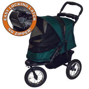 a close up image of a pine green dog stroller and a close up image of the easy locking latch